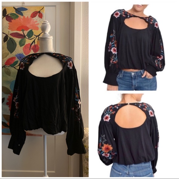 NWT FREE PEOPLE Anthropologie Size L LITA Embroidered Cotton//Linen knit Top